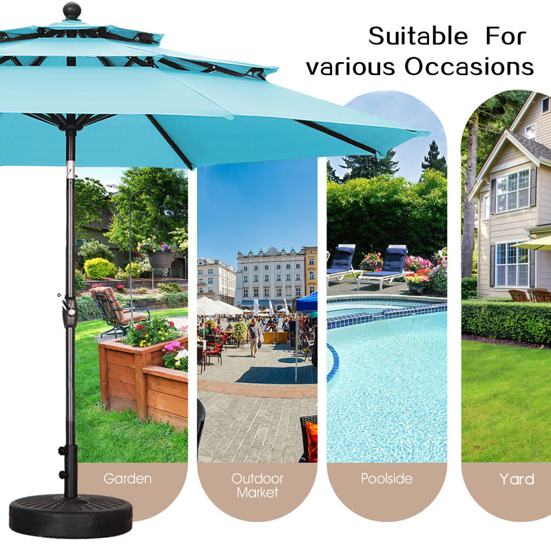 Parasol de marché à 3 niveaux 10 pi avec base, Bleu