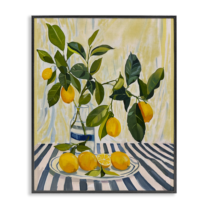 Citrons sur nappe rayée, estampe numérique, conception de Yen, 20 x 16, Giclée noire de minuit encadrée