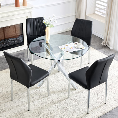 Ensemble de table de salle à manger ronde pour 4 personnes, ensemble de table de salle à manger en verre, ensemble de table de cuisine et de chaises 5 pièces, pour le salon, petit espace (inclure 4 chaises noires)