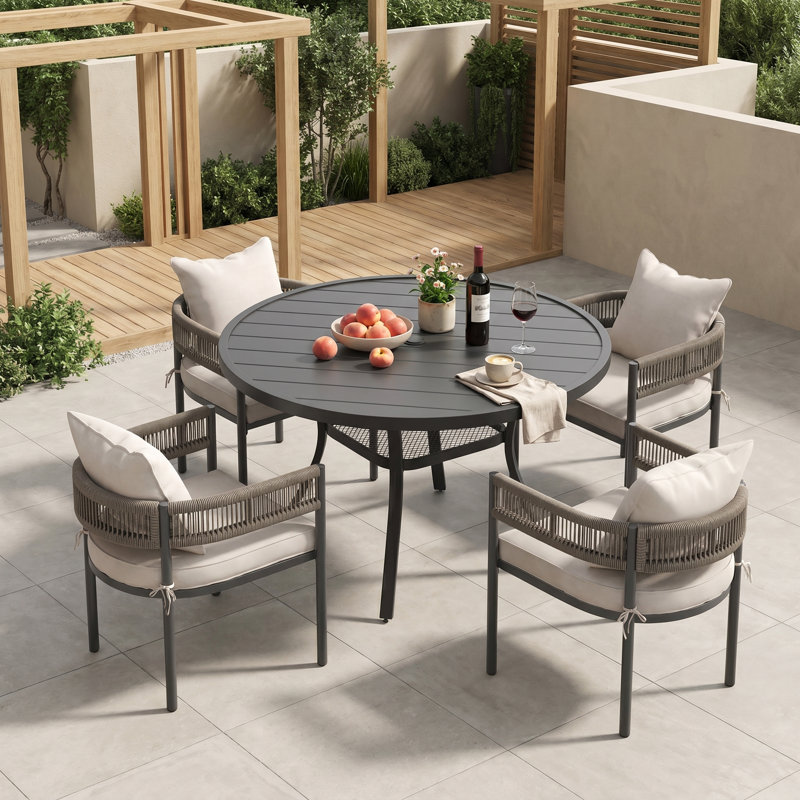 4 Person Outdoor Dining Set with 47.2" Round Dining Table and 4 Cushioned PE Rattan Dining Chairs, Beige, Black
