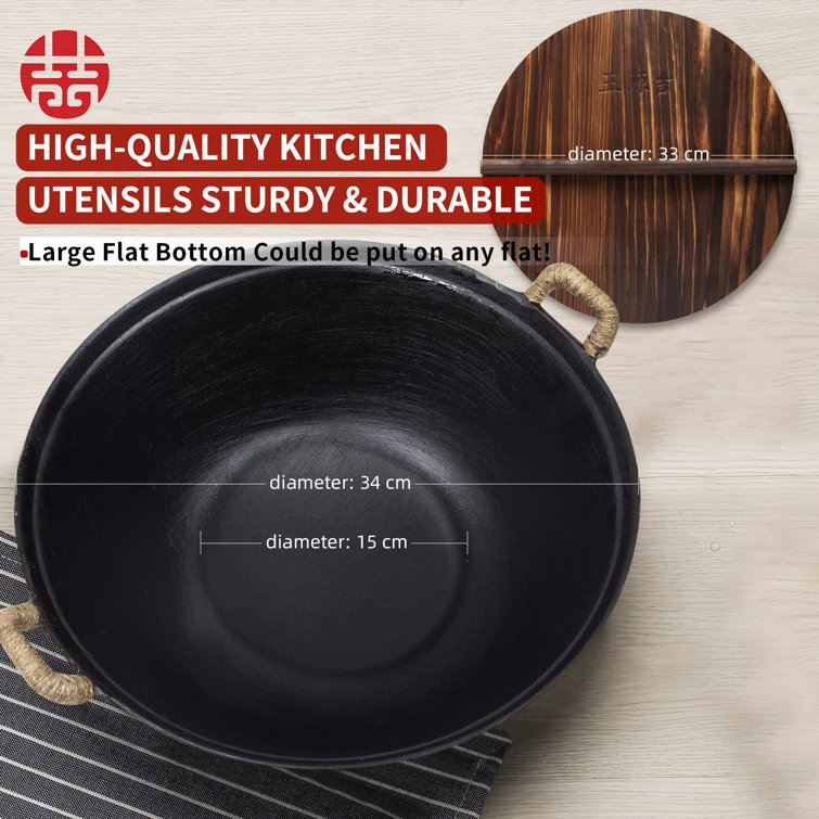  WANGYUANJI Cast Iron Wok,13.4 Craft Wok Chinese Wok,Flat  Bottom Iron Woks with Lid,Fry Pan Suitable for Induction, Electric, Gas,  Halogen All Stoves-Black: Home & Kitchen