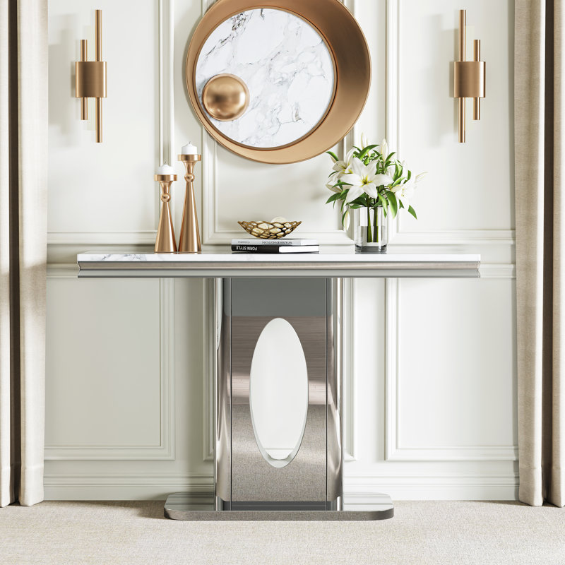 Console rectangulaire moderne en faux marbre de 46,85 po, Blanc, Argent