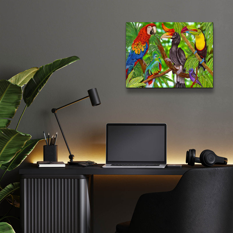 «Rainforest Birds» par Tim Jeffs, art mural acrylique, 16 po x 12 po