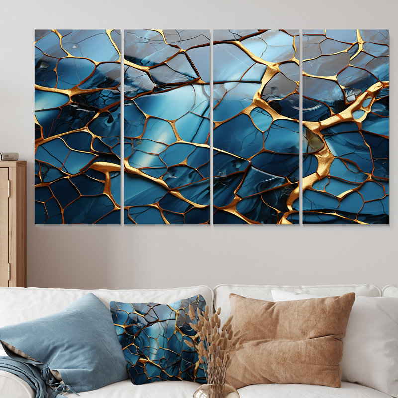 Or et mosaïque en marbre doré et agate I - art mural abstrait 4 pièces pour le salon, H 28 po x l 48 po