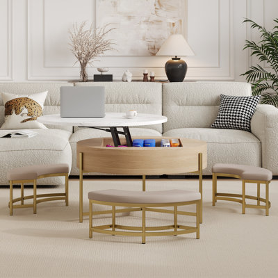 Table basse à plateau relevable moderne avec rangement et 3 repose-pieds blanc et naturel