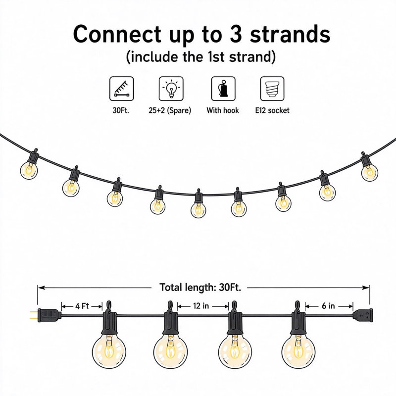 Guirlande d'extérieur avec ampoules en verre Edison, lumières de patio suspendues imperméables et connectables pour le balcon de la cour arrière, base de douille E12