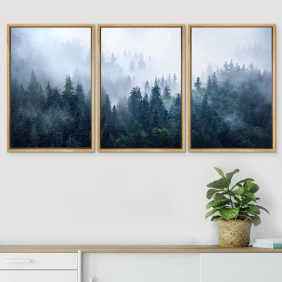 IDÉE4WALL, reproduction d'art sur toile encadrée, ensemble de décor de chambre de bébé, brouillard bleu, pin, chaîne de montagnes, forêt, nature, désert, réalisme, rustique décoratif pour le salon, la chambre à coucher, le bureau, reproduction