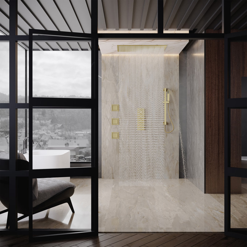 Rodeo 32"X16" Ceiling Mounted 3-Function Thermostatic Complete Shower System With Body Jets And Slide Bar, Brushed Gold