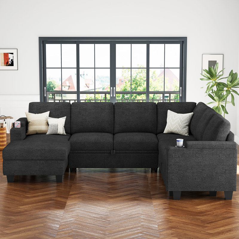 Januelle Bujesily Chenille Large U Shaped Couch Large Pull Out Sleeper Sectional Sofa Bed Storage Seat Modular Couch With Storage Chaise