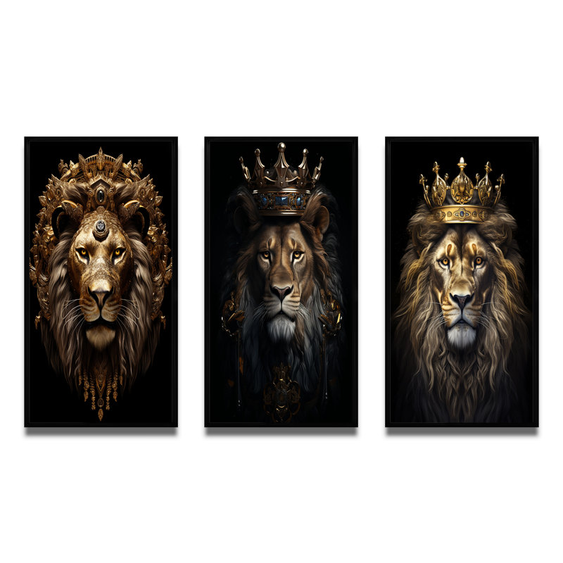 3 pièces sur toile - Roi lion majestueux avec couronne dorée, Cadre noir, H 32 po x l 48 po