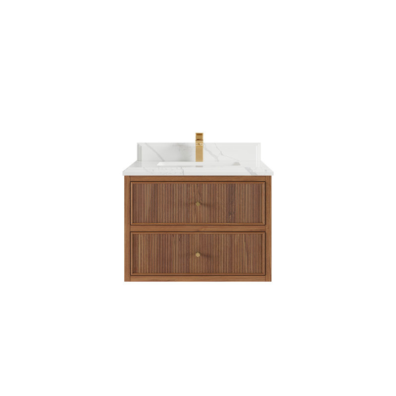 Sonoma Floating Teak 30'' Single Bathroom Vanity with Quartz Top, Calacatta Laza