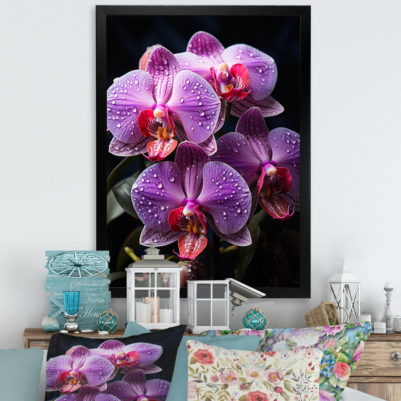 Fleurs mauves, orchidées mystiques - impression sur toile florale, H 20 po x l 12 po x P 1 po, Cadre photo noir