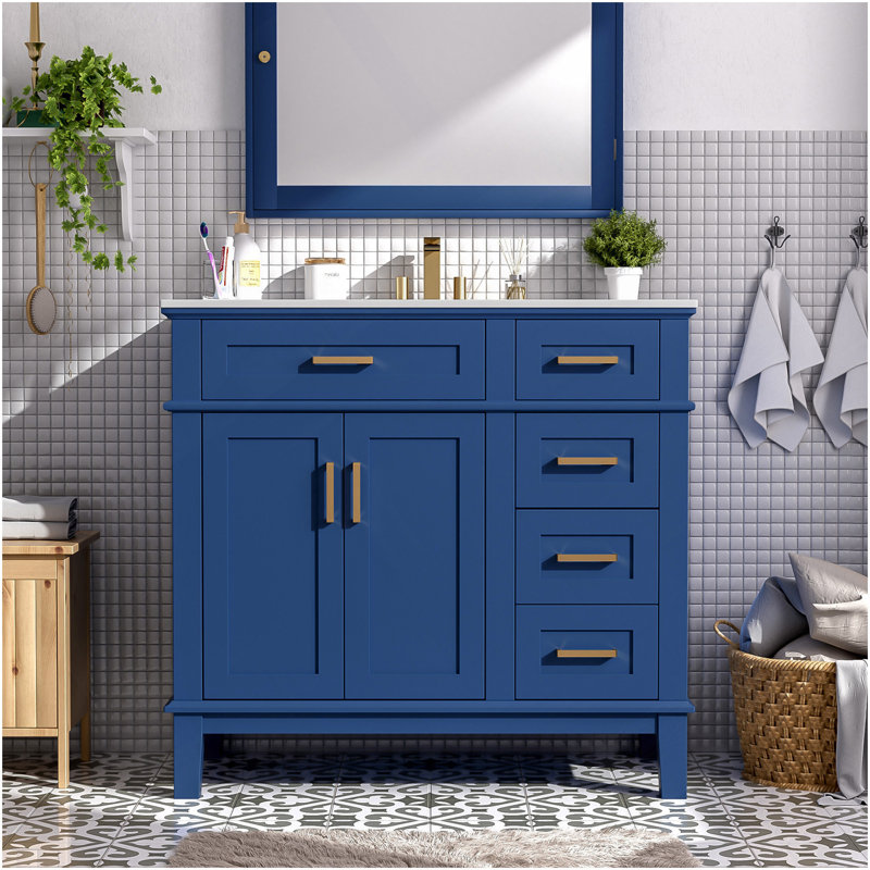 Meuble-lavabo moderne bleu 36 po avec lavabo en céramique, portes à fermeture douce, 4 tiroirs de rangement, design élégant pour les petites salles de bain
