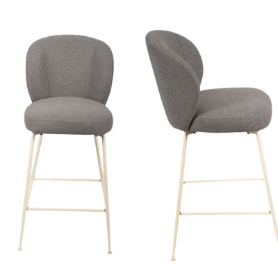 Tabourets de comptoir gris de 2, tissu rembourré, pieds en métal thermolaqué pour revêtement de tissu d'inspiration industrielle de salle à manger, support blanc dans la zone