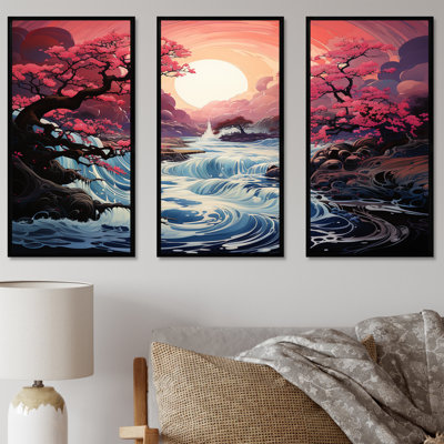 Japan Pink Sunrise River - River Wall Art Decor