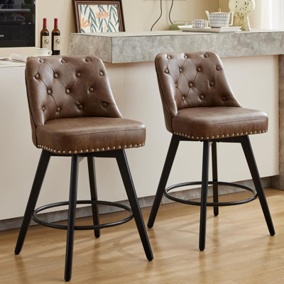 Ensemble de 2 tabourets de bar à hauteur de comptoir, tabourets de bar pivotants modernes avec dossier et pieds en bois, chaise de bar rembourrée à hauteur de siège de 26 po de hauteur pour îlot de cuisine, brun