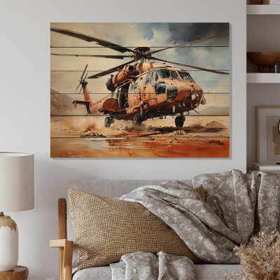 Kamyar, hélicoptère militaire dans le désert de la guerre du Golfe, impression sur bois