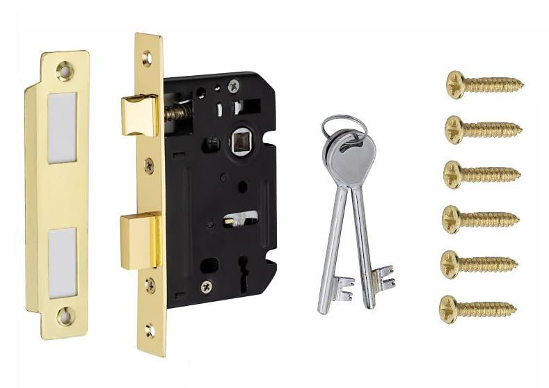 Bolt Through 3 Lever Sash Mortise Lock in Electro Brass Finish with 2 Keys - 64mm