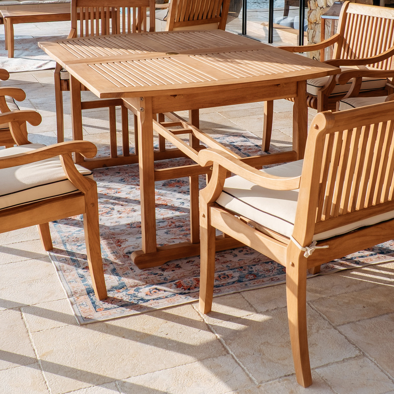Summerton 42" Patio Dining Set, Taupe with Black Piping, Natural Teak