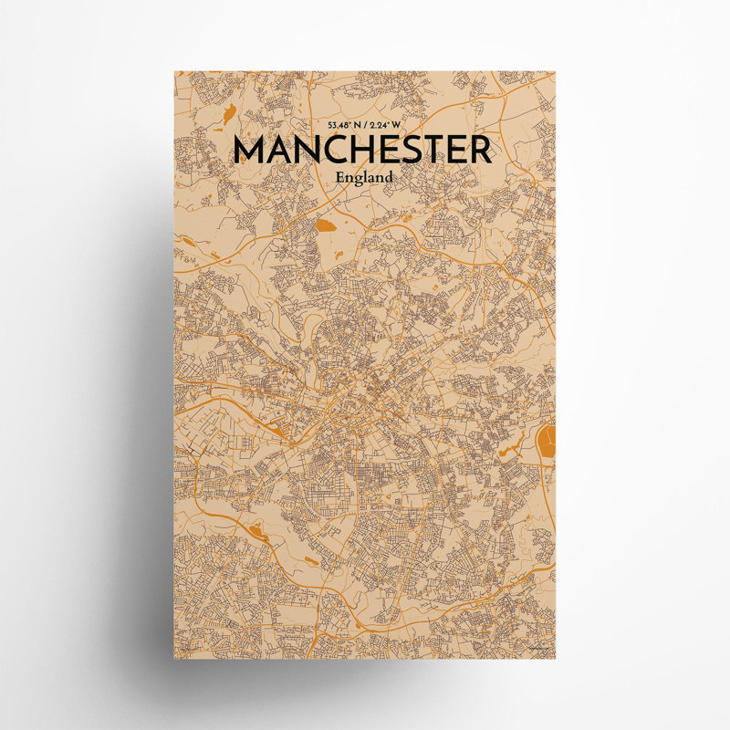 Manchester, Royaume-Uni, carte de la ville - ensemble d'imprimés non encadrés, H 17 po x l 11 po, Orange / or pâle