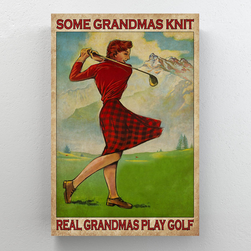 «Girl In Red Dress jouant au golf - Some Grandmas Knit», reproduction d'art graphique sur toile tendue 1 pièce