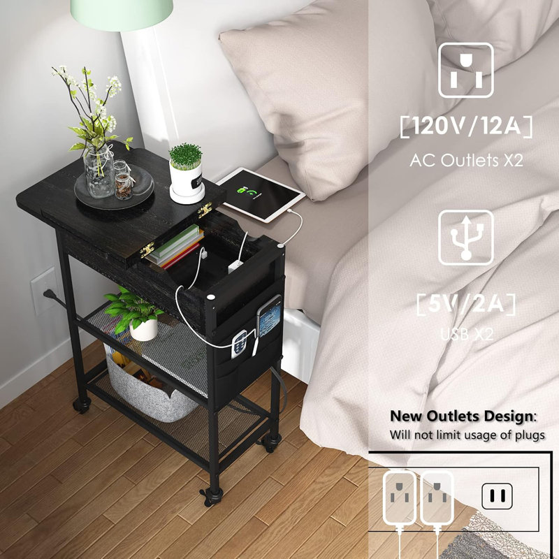 Black Slim Rolling Side Table with Charging Station and Shelves