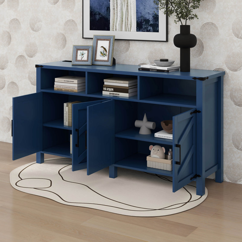 Modern 4-Door Sideboard Buffet With Adjustable Shelves And Half-Open Storage Cabinet, Navy Blue