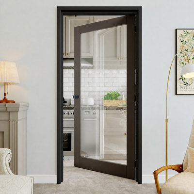 Porte intérieure prémontée 32 po x 80 po, cadre noir, vitrage clair, charnières noires, vitrage opaque, âme pleine insonorisée et étanche, idéale pour buanderie, placard, chambre, ouverture à droite.