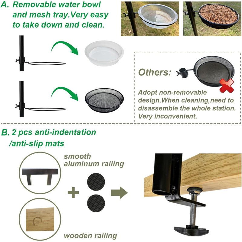 Upgraded Bird Feeding Station Kit,Deck Railing Mounted Birds Feeder Pole For Balcony With 3 Hooks,Bird Bath,Metal Mesh Tray And Suet Cage,Multi-Design Style,Used For Plant Hanger