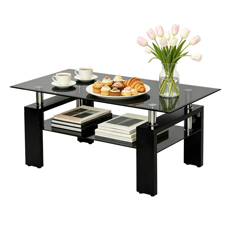 Table basse rectangulaire en verre, 17.7" H x 37.4" W x 21.6" D, Noir, Noir