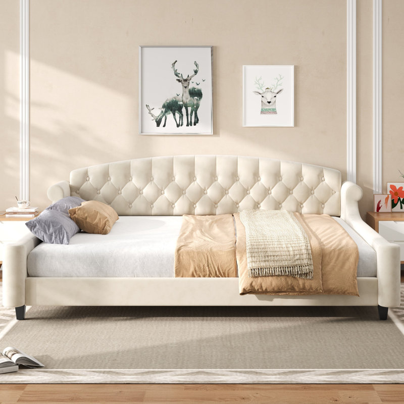 Daybed With Tufted Design, Beige, Queen