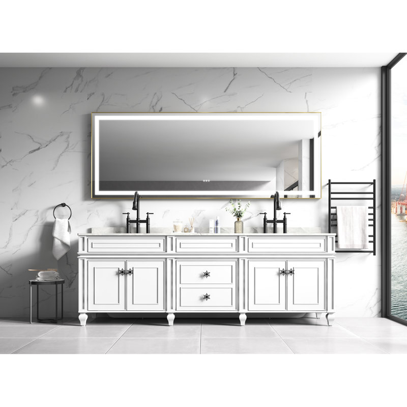 Miroir mural 118 "x 36" avec cadre en aluminium, brouillard, mémoire, 3 températures de couleur, contrôle continu de la luminosité, options de salle de bain en or brossé, réflexion claire,