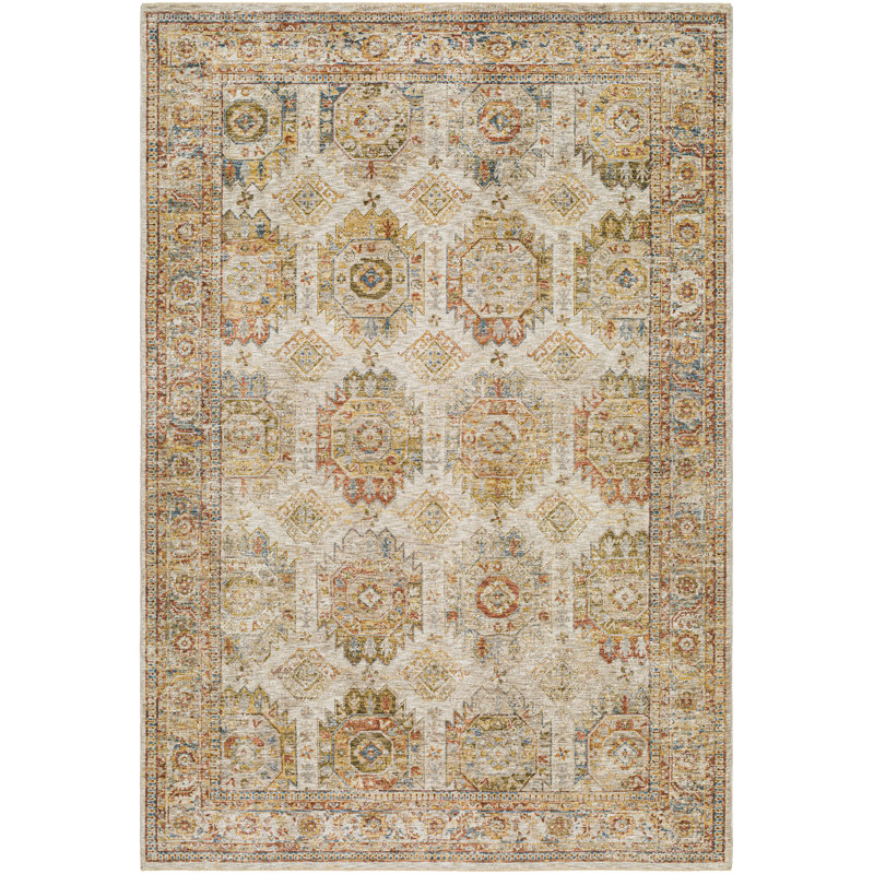 Tapis oriental en polyester tissé à la machine en beige, Rond 5 pi 3 po