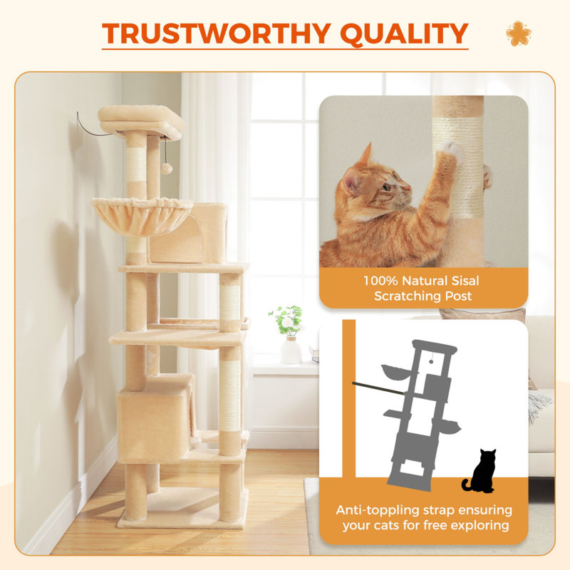 Beige 66" Sisal-Covered Cat Tower with Hammock and Condos