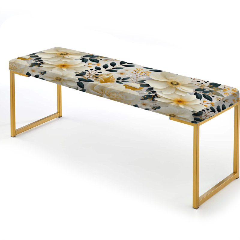 Banc floral rembourré or, Fleurs de coquelicots de style bohème chic beige