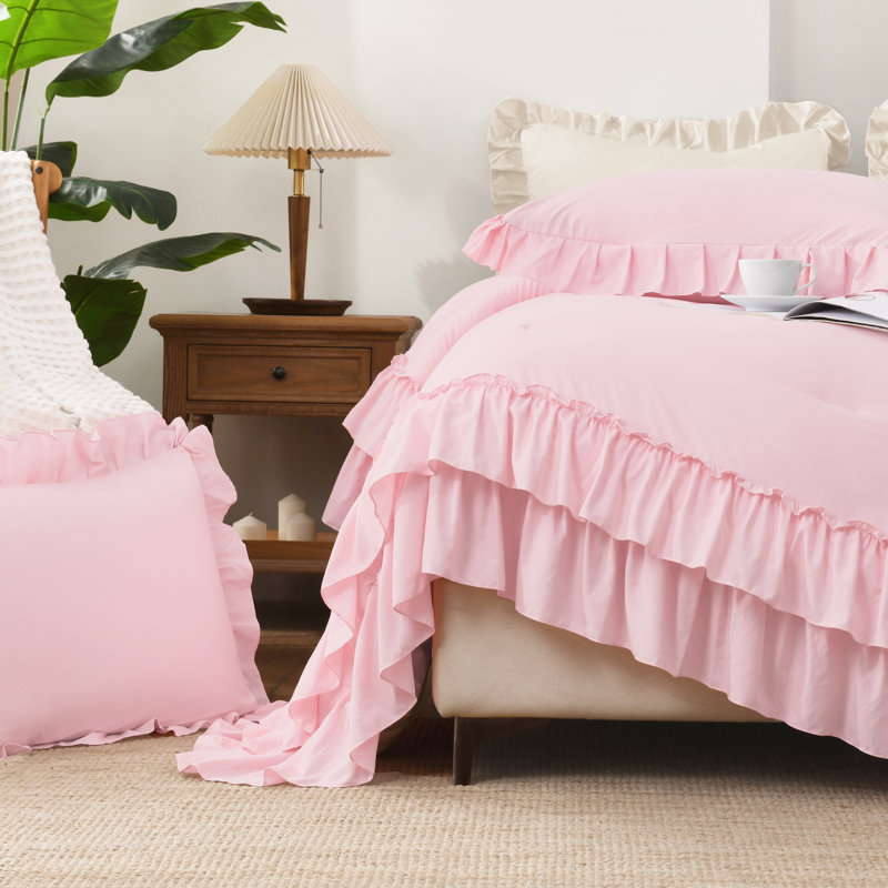 Ensemble d'édredon rose simple (66 x 90 pouces), 2 pièces (1 édredon à volants et 1 taie d'oreiller) Ensembles d'édredon léger pour enfants, ensemble de literie en microfibre douce toutes saisons