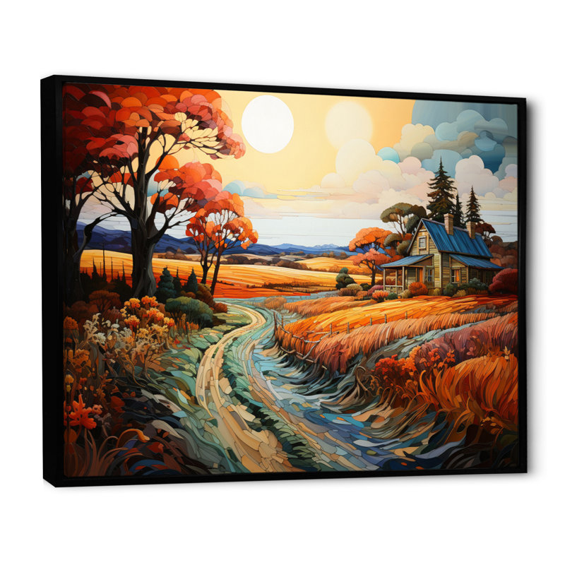 Farmhouse Farmstead Mosaic Pointillism I - impression, Cadre flottant noir, H 34 po x l 44 po x P 1,5 po