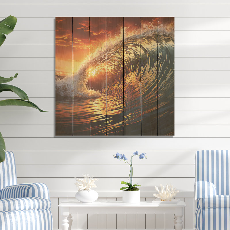 Coucher de soleil vert et orange - plage sur bois, H 36 po x l 36 po