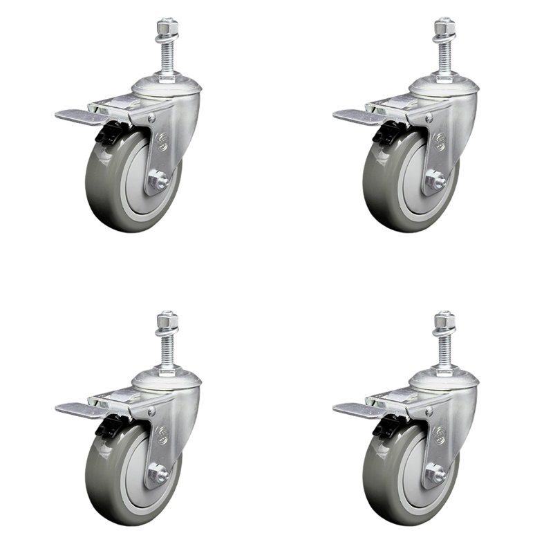 4 Inch Polyurethane Swivel 3/8 Inch Stem Caster Set with Total Lock Brake, Grey
