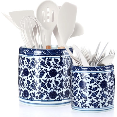Blue floral ceramic cutlery rack, Chinese style chopstick pottery jar, 5-inch+6.1-inch kitchen storage box, 2-piece set of blue and white porcelain