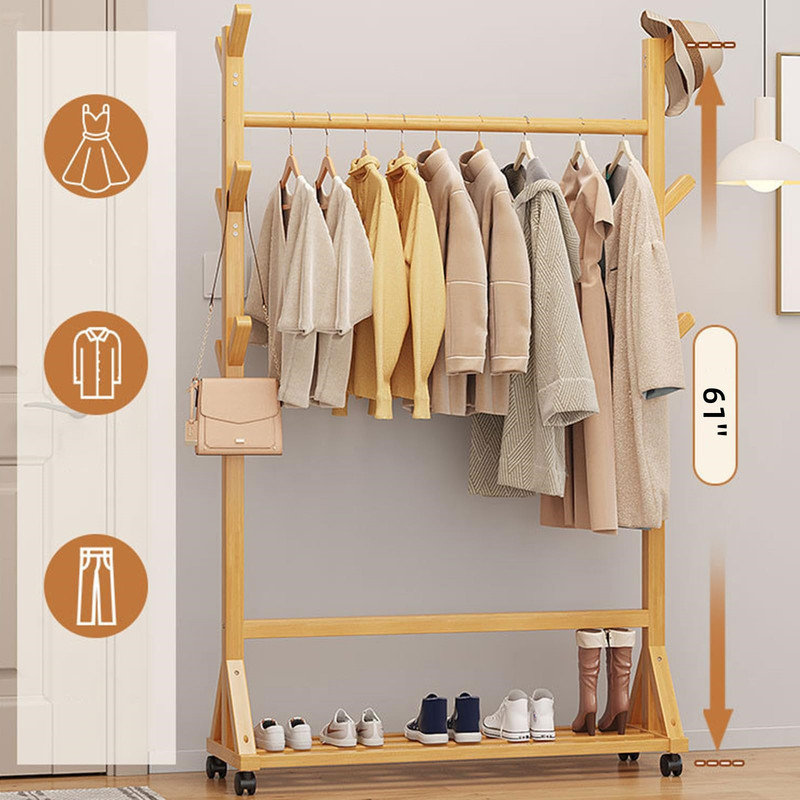 Porte-vêtements mobile en bambou avec roues et rangement, Brun