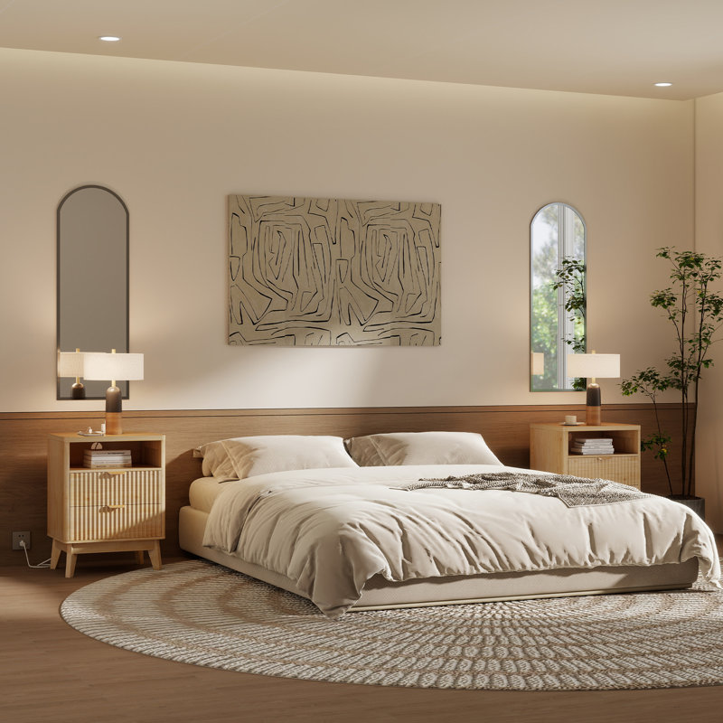 Rhythm Wood Nightstand with Charging Station, Fluted Bedroom Nightstand, Bedside Table Chest, 25.4'' H X 19.7'' W X 15D'' 
