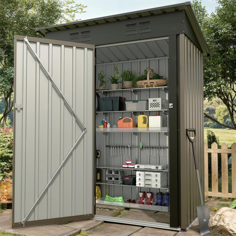 5x3FT Multi‑Use Outdoor Storage Shed, Lockable Galvanized Steel Shed with Sloping Roof for Backyard, Patio, Brown