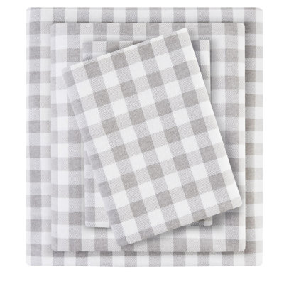 Grey Herringbone Check King Printed Sheet , 4 Pcs, 100% Cotton Flannel, Soft Handfeel, Elasticized Fitted Sheet, Machine Washable