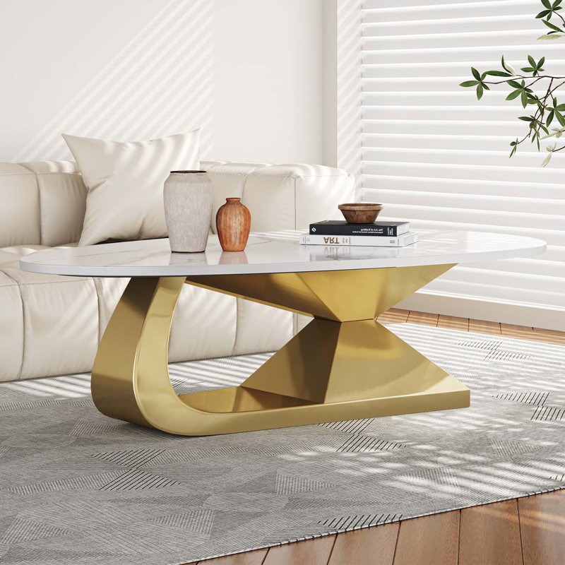 Table basse moderne en pierre frittée avec base en acier inoxydable - Centre de table de salon élégant et durable, Doré