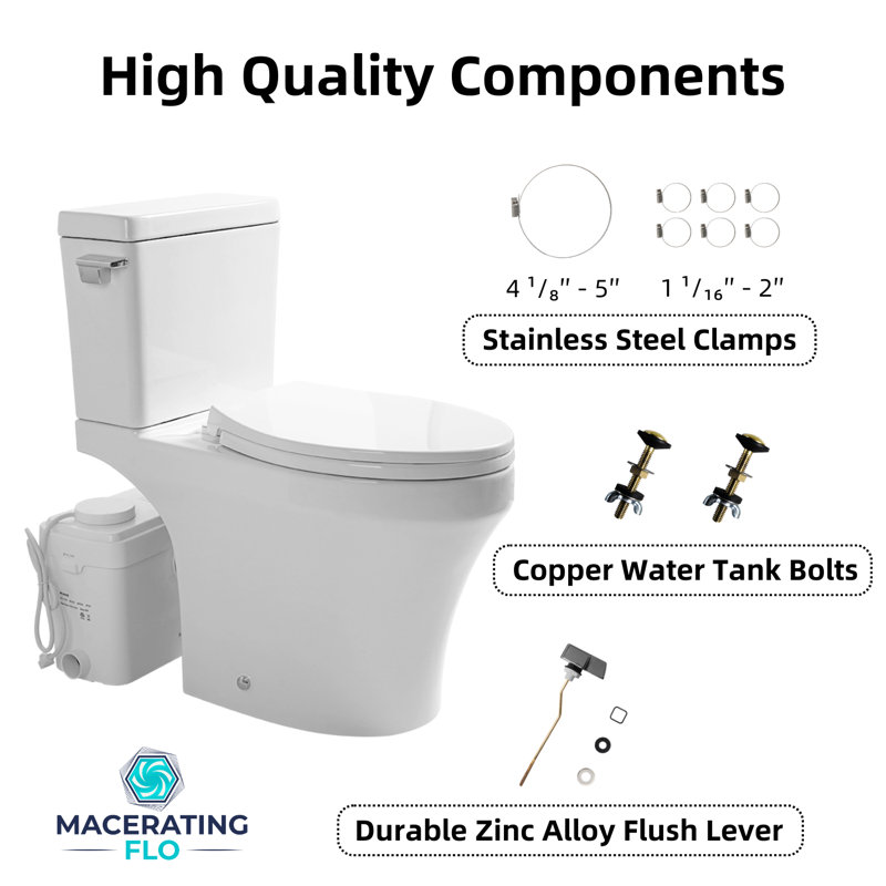 600W Macerating Toilet System with Rear Discharge, Quiet Upflush Pump for Basement, Two Extension Pipes and  P-Trap Compatible