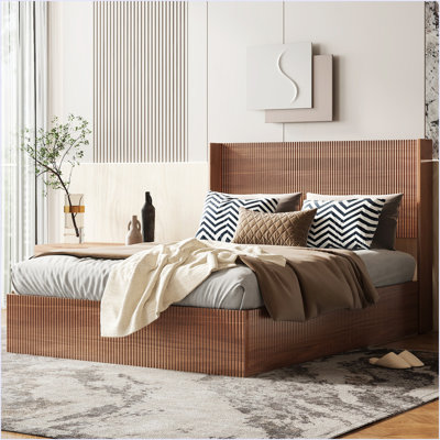 Arge Grooved Undulating Lift Storage Bed Frame, Wooden Platform Bed Frame With Lift Storage, No Spring Box Required/No Noise