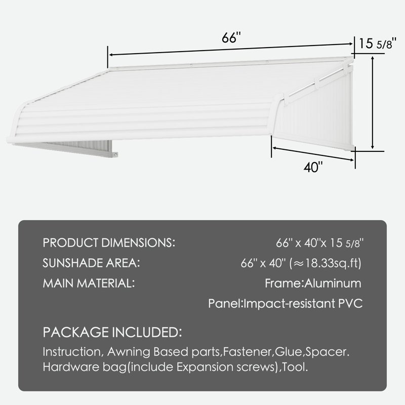 Auvent de fenêtre Kozyard l 66 po x P 40 po avec 2 ailes latérales, cadre en aluminium avec panneaux en PVC résistant aux chocs, angle de l'abat-jour réglé lors de l'installation, auvent de porte de protection contre la pluie, la neige et les rayons UV