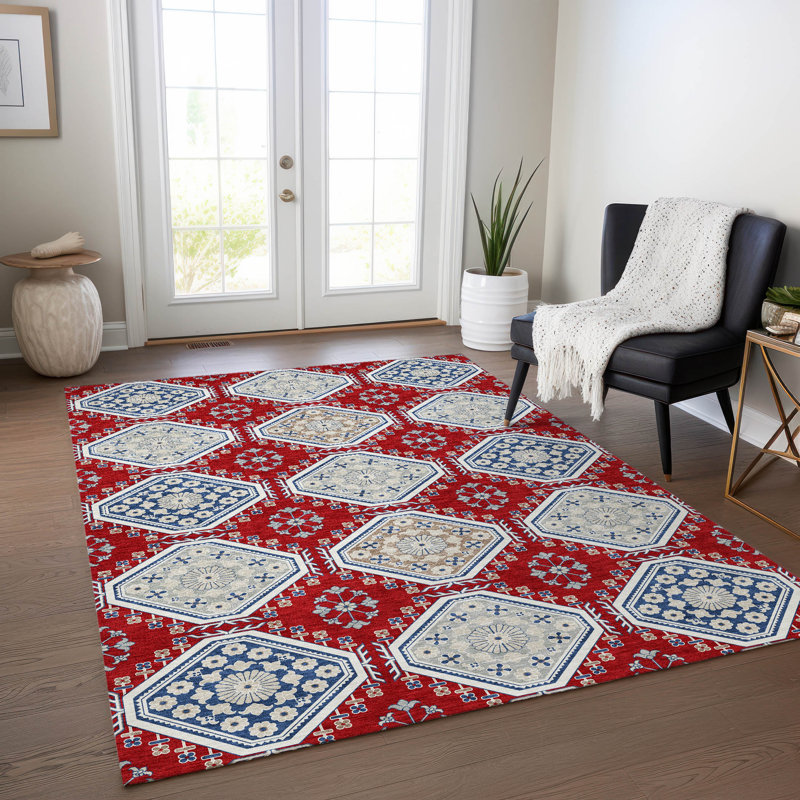 Red and Blue Synthetic Washable Rectangular Rug