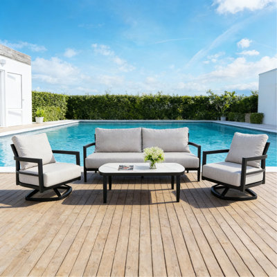4PC Outdoor Conversation Set With Fully Weld 360° Swivel Club Chairs, Luxurious Bench Seat Sofa, Marble-Inspired Sintered Stone Coffee Table, Ember Black Rust-Free Aluminum Frame & Sunbrella Cushions